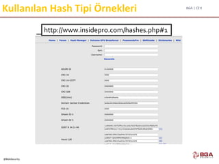 BGA | CEH
@BGASecurity
Kullanılan Hash Tipi Örnekleri
http://www.insidepro.com/hashes.php#1
 