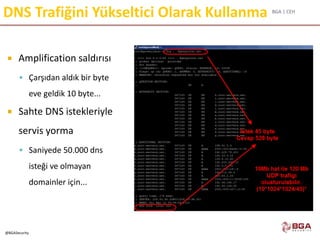 BGA | CEH
@BGASecurity
DNS Trafiğini Yükseltici Olarak Kullanma
 Amplification saldırısı
 Çarşıdan aldık bir byte
eve geldik 10 byte...
 Sahte DNS istekleriyle
servis yorma
 Saniyede 50.000 dns
isteği ve olmayan
domainler için...
 
