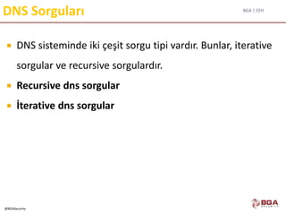 BGA | CEH
@BGASecurity
DNS Sorguları
 DNS sisteminde iki çeşit sorgu tipi vardır. Bunlar, iterative
sorgular ve recursive sorgulardır.
 Recursive dns sorgular
 İterative dns sorgular
 