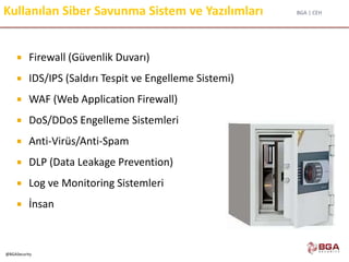 BGA | CEH
@BGASecurity
Kullanılan Siber Savunma Sistem ve Yazılımları
 Firewall (Güvenlik Duvarı)
 IDS/IPS (Saldırı Tespit ve Engelleme Sistemi)
 WAF (Web Application Firewall)
 DoS/DDoS Engelleme Sistemleri
 Anti-Virüs/Anti-Spam
 DLP (Data Leakage Prevention)
 Log ve Monitoring Sistemleri
 İnsan
 