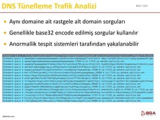 BGA | CEH
@BGASecurity
DNS Tünelleme Trafik Analizi
 Aynı domaine ait rastgele alt domain sorguları
 Genellikle base32 encode edilmiş sorgular kullanılır
 Anormallik tespit sistemleri tarafından yakalanabilir
 