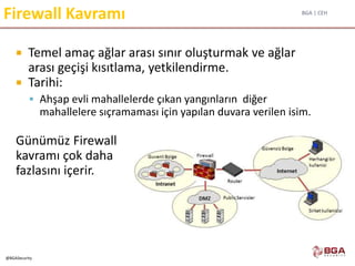 BGA | CEH
@BGASecurity
Firewall Kavramı
 Temel amaç ağlar arası sınır oluşturmak ve ağlar
arası geçişi kısıtlama, yetkilendirme.
 Tarihi:
 Ahşap evli mahallelerde çıkan yangınların diğer
mahallelere sıçramaması için yapılan duvara verilen isim.
Günümüz Firewall
kavramı çok daha
fazlasını içerir.
 