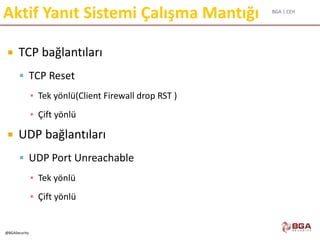 BGA | CEH
@BGASecurity
Aktif Yanıt Sistemi Çalışma Mantığı
 TCP bağlantıları
 TCP Reset
▪ Tek yönlü(Client Firewall drop RST )
▪ Çift yönlü
 UDP bağlantıları
 UDP Port Unreachable
▪ Tek yönlü
▪ Çift yönlü
 