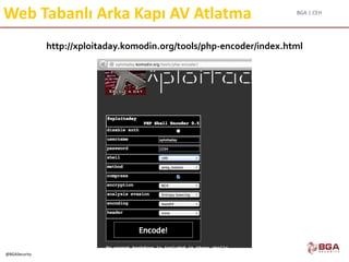BGA | CEH
@BGASecurity
Web Tabanlı Arka Kapı AV Atlatma
http://xploitaday.komodin.org/tools/php-encoder/index.html
 