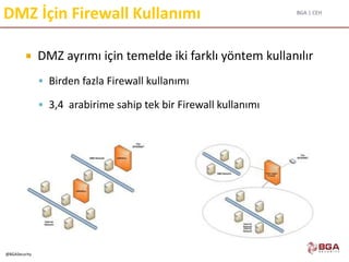 BGA | CEH
@BGASecurity
DMZ İçin Firewall Kullanımı
 DMZ ayrımı için temelde iki farklı yöntem kullanılır
 Birden fazla Firewall kullanımı
 3,4 arabirime sahip tek bir Firewall kullanımı
 