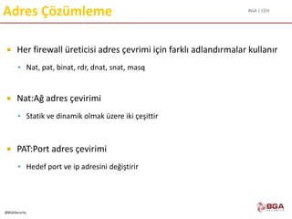 BGA | CEH
@BGASecurity
Adres Çözümleme
 Her firewall üreticisi adres çevrimi için farklı adlandırmalar kullanır
 Nat, pat, binat, rdr, dnat, snat, masq
 Nat:Ağ adres çevirimi
 Statik ve dinamik olmak üzere iki çeşittir
 PAT:Port adres çevirimi
 Hedef port ve ip adresini değiştirir
 