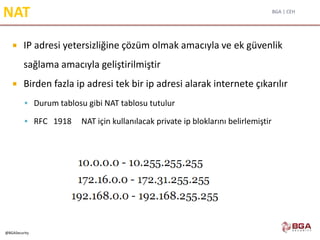 BGA | CEH
@BGASecurity
NAT
 IP adresi yetersizliğine çözüm olmak amacıyla ve ek güvenlik
sağlama amacıyla geliştirilmiştir
 Birden fazla ip adresi tek bir ip adresi alarak internete çıkarılır
 Durum tablosu gibi NAT tablosu tutulur
 RFC 1918 NAT için kullanılacak private ip bloklarını belirlemiştir
 