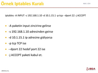 BGA | CEH
@BGASecurity
Örnek Iptables Kuralı
iptables -A INPUT -s 192.168.1.10 -d 10.1.15.1 -p tcp --dport 22 -j ACCEPT
 -A paketin input zincirine gelirse
 -s 192.168.1.10 adresinden geirse
 -d 10.1.15.1 ip adresine gidiyorsa
 -p tcp TCP ise
 --dport 22 hedef port 22 ise
 -j ACCEPT paketi kabul et.
 