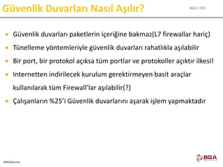 BGA | CEH
@BGASecurity
Güvenlik Duvarları Nasıl Aşılır?
 Güvenlik duvarları paketlerin içeriğine bakmaz(L7 firewallar hariç)
 Tünelleme yöntemleriyle güvenlik duvarları rahatlıkla aşılabilir
 Bir port, bir protokol açıksa tüm portlar ve protokoller açıktır ilkesi!
 Internetten indirilecek kurulum gerektirmeyen basit araçlar
kullanılarak tüm Firewall’lar aşılabilir(?)
 Çalışanların %25’i Güvenlik duvarlarını aşarak işlem yapmaktadır
 