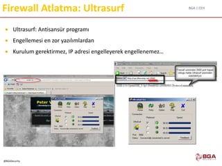 BGA | CEH
@BGASecurity
Firewall Atlatma: Ultrasurf
 Ultrasurf: Antisansür programı
 Engellemesi en zor yazılımlardan
 Kurulum gerektirmez, IP adresi engelleyerek engellenemez…
 