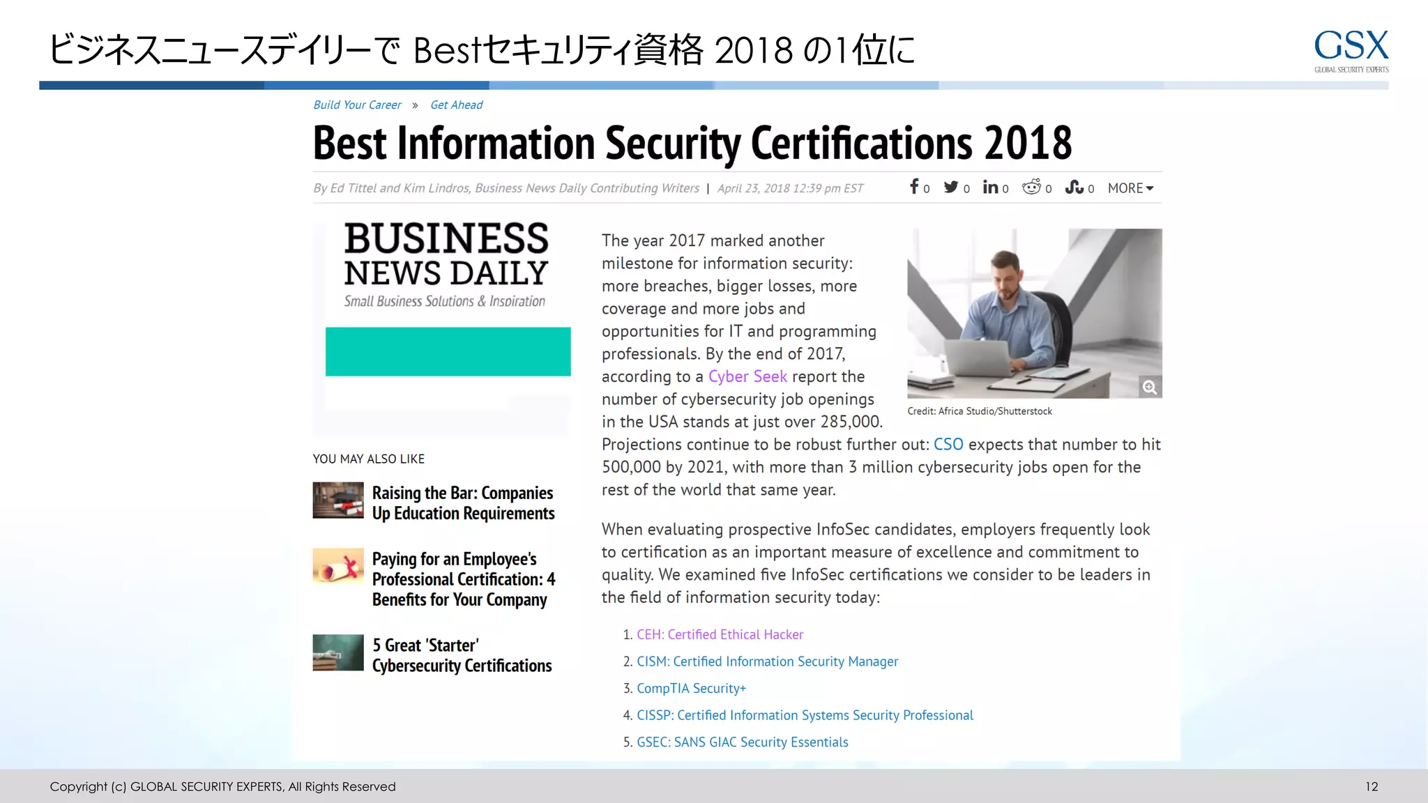 ビジネスニュースデイリーで Bestセキュリティ資格 2018 の1位に
Copyright (c) GLOBAL SECURITY EXPERTS, All Rights Reserved 12
 