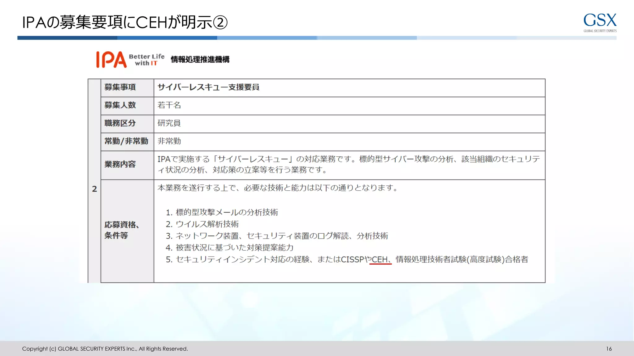 Copyright (c) GLOBAL SECURITY EXPERTS Inc., All Rights Reserved. 16
IPAの募集要項にCEHが明示②
 