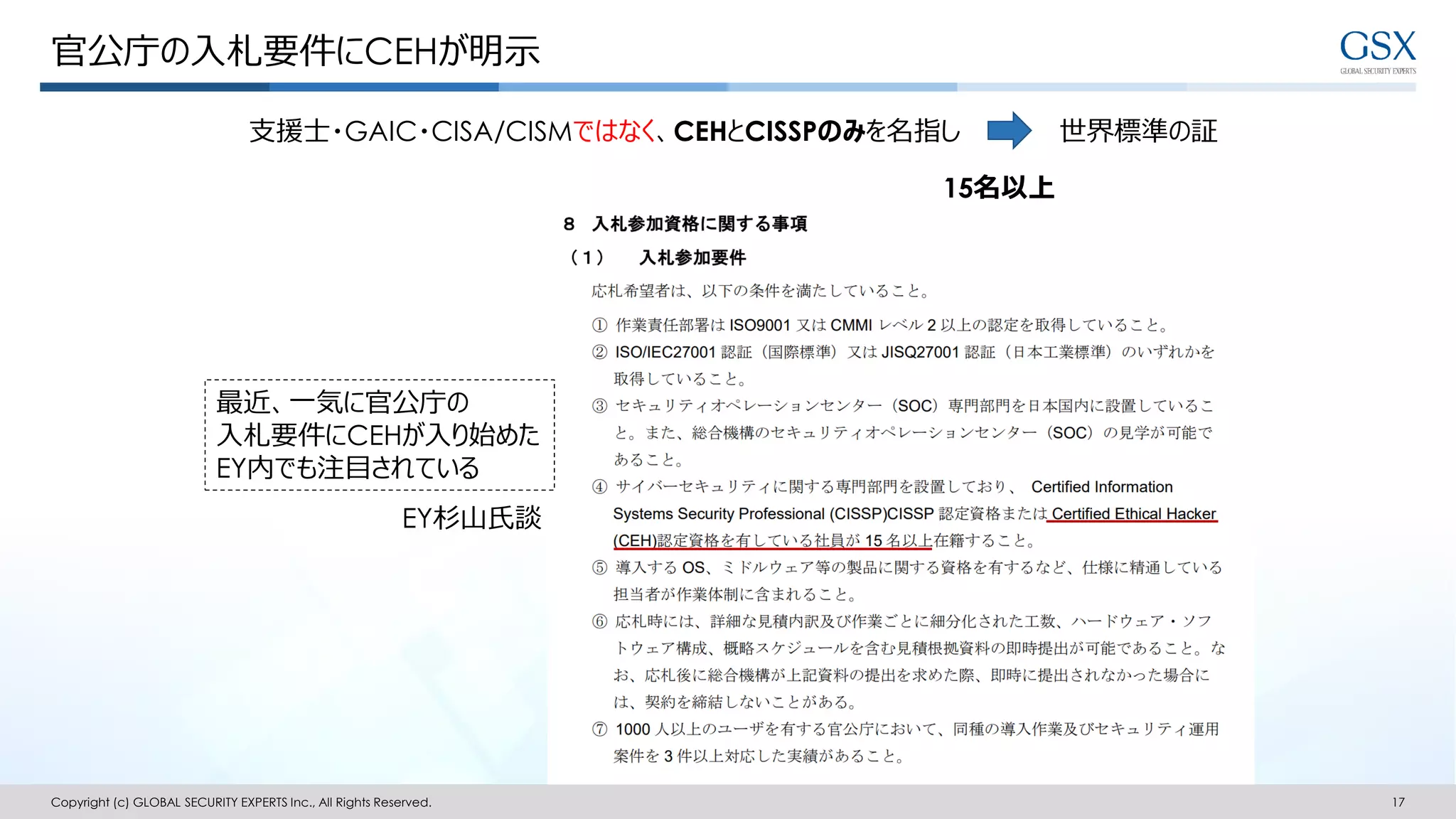官公庁の入札要件にCEHが明示
Copyright (c) GLOBAL SECURITY EXPERTS Inc., All Rights Reserved. 17
支援士・GAIC・CISA/CISMではなく、CEHとCISSPのみを名指し 世界標準の証
EY杉山氏談
最近、一気に官公庁の
入札要件にCEHが入り始めた
EY内でも注目されている
15名以上
 
