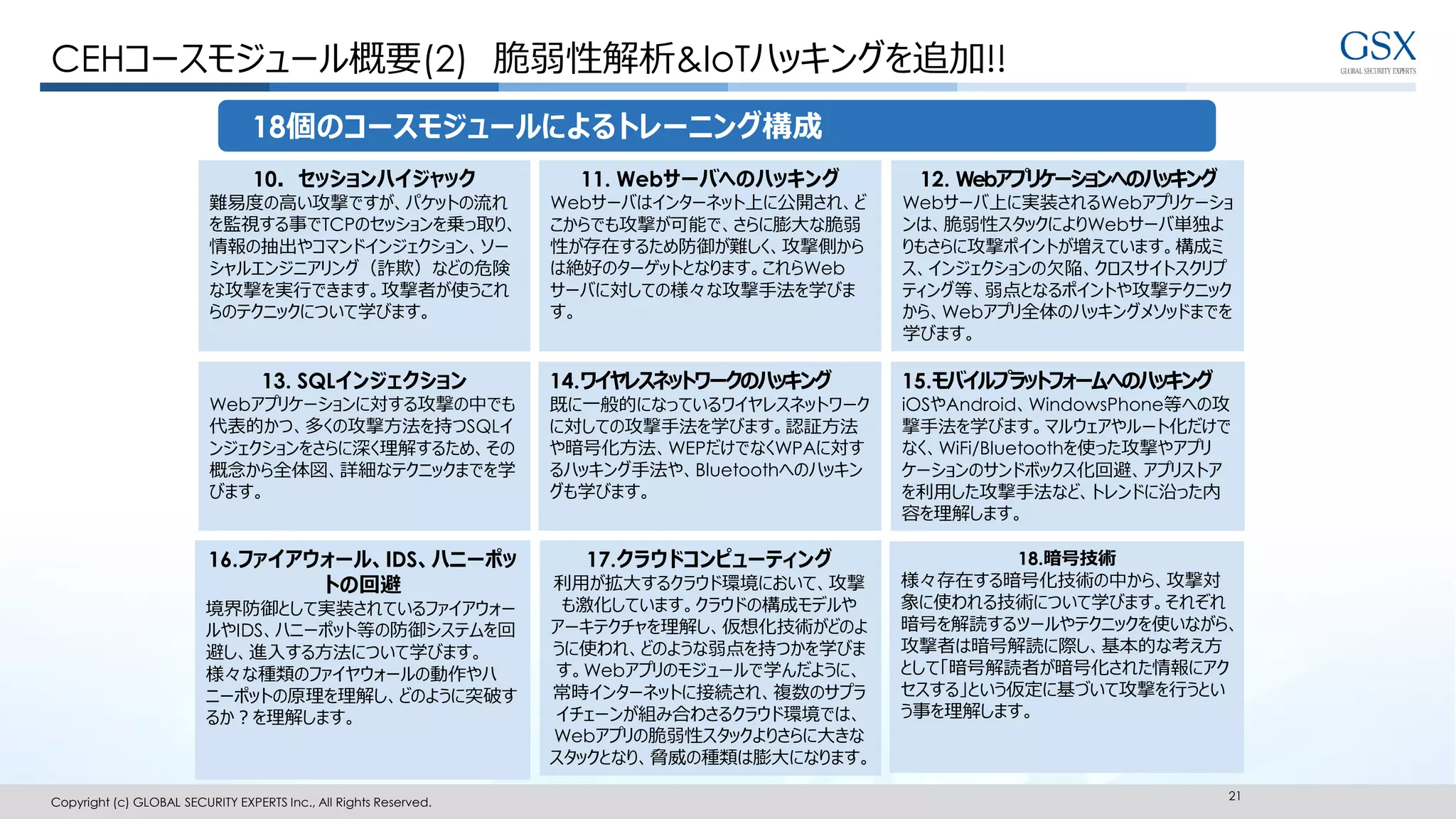 Copyright (c) GLOBAL SECURITY EXPERTS Inc., All Rights Reserved.
21
18個のコースモジュールによるトレーニング構成
CEHコースモジュール概要(2) 脆弱性解析&IoTハッキングを追加!!
10．セッションハイジャック
難易度の高い攻撃ですが、パケットの流れ
を監視する事でTCPのセッションを乗っ取り、
情報の抽出やコマンドインジェクション、ソー
シャルエンジニアリング（詐欺）などの危険
な攻撃を実行できます。攻撃者が使うこれ
らのテクニックについて学びます。
11. Webサーバへのハッキング
Webサーバはインターネット上に公開され、ど
こからでも攻撃が可能で、さらに膨大な脆弱
性が存在するため防御が難しく、攻撃側から
は絶好のターゲットとなります。これらWeb
サーバに対しての様々な攻撃手法を学びま
す。
12. Webアプリケーションへのハッキング
Webサーバ上に実装されるWebアプリケーショ
ンは、脆弱性スタックによりWebサーバ単独よ
りもさらに攻撃ポイントが増えています。構成ミ
ス、インジェクションの欠陥、クロスサイトスクリプ
ティング等、弱点となるポイントや攻撃テクニック
から、Webアプリ全体のハッキングメソッドまでを
学びます。
13. SQLインジェクション
Webアプリケーションに対する攻撃の中でも
代表的かつ、多くの攻撃方法を持つSQLイ
ンジェクションをさらに深く理解するため、その
概念から全体図、詳細なテクニックまでを学
びます。
14.ワイヤレスネットワークのハッキング
既に一般的になっているワイヤレスネットワーク
に対しての攻撃手法を学びます。認証方法
や暗号化方法、WEPだけでなくWPAに対す
るハッキング手法や、Bluetoothへのハッキン
グも学びます。
15.モバイルプラットフォームへのハッキング
iOSやAndroid、WindowsPhone等への攻
撃手法を学びます。マルウェアやルート化だけで
なく、WiFi/Bluetoothを使った攻撃やアプリ
ケーションのサンドボックス化回避、アプリストア
を利用した攻撃手法など、トレンドに沿った内
容を理解します。
16.ファイアウォール、IDS、ハニーポッ
トの回避
境界防御として実装されているファイアウォー
ルやIDS、ハニーポット等の防御システムを回
避し、進入する方法について学びます。
様々な種類のファイヤウォールの動作やハ
ニーポットの原理を理解し、どのように突破す
るか？を理解します。
17.クラウドコンピューティング
利用が拡大するクラウド環境において、攻撃
も激化しています。クラウドの構成モデルや
アーキテクチャを理解し、仮想化技術がどのよ
うに使われ、どのような弱点を持つかを学びま
す。Webアプリのモジュールで学んだように、
常時インターネットに接続され、複数のサプラ
イチェーンが組み合わさるクラウド環境では、
Webアプリの脆弱性スタックよりさらに大きな
スタックとなり、脅威の種類は膨大になります。
18.暗号技術
様々存在する暗号化技術の中から、攻撃対
象に使われる技術について学びます。それぞれ
暗号を解読するツールやテクニックを使いながら、
攻撃者は暗号解読に際し、基本的な考え方
として「暗号解読者が暗号化された情報にアク
セスする」という仮定に基づいて攻撃を行うとい
う事を理解します。
 