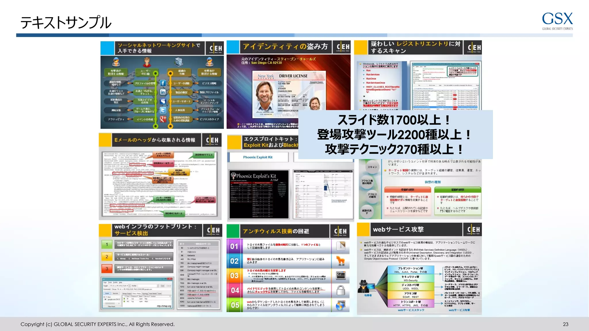 Copyright (c) GLOBAL SECURITY EXPERTS Inc., All Rights Reserved. 23
テキストサンプル
スライド数1700以上！
登場攻撃ツール2200種以上！
攻撃テクニック270種以上！
 
