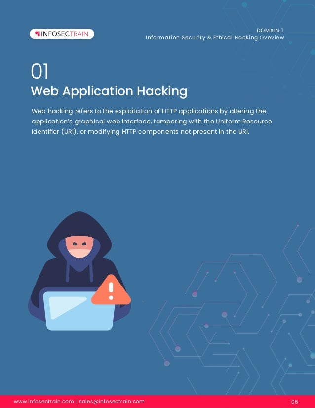 01
www.infosectrain.com | sales@infosectrain.com 06
Web Application Hacking
DOMAIN 1
Information Security & Ethical Hacking Oveview
Web hacking refers to the exploitation of HTTP applications by altering the
application’s graphical web interface, tampering with the Uniform Resource
Identiﬁer (URI), or modifying HTTP components not present in the URI.
 