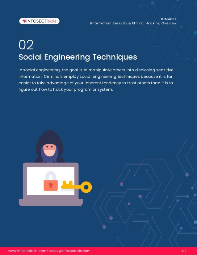 02
www.infosectrain.com | sales@infosectrain.com 07
Social Engineering Techniques
DOMAIN 1
Information Security & Ethical Hacking Oveview
In social engineering, the goal is to manipulate others into disclosing sensitive
information. Criminals employ social engineering techniques because it is far
easier to take advantage of your inherent tendency to trust others than it is to
ﬁgure out how to hack your program or system.
 