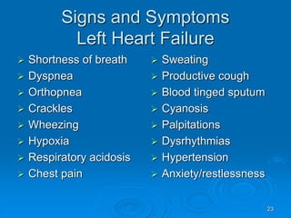 23
Signs and Symptoms
Left Heart Failure
 Shortness of breath
 Dyspnea
 Orthopnea
 Crackles
 Wheezing
 Hypoxia
 Respiratory acidosis
 Chest pain
 Sweating
 Productive cough
 Blood tinged sputum
 Cyanosis
 Palpitations
 Dysrhythmias
 Hypertension
 Anxiety/restlessness
 