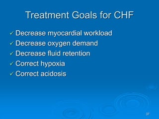 37
Treatment Goals for CHF
 Decrease myocardial workload
 Decrease oxygen demand
 Decrease fluid retention
 Correct hypoxia
 Correct acidosis
 