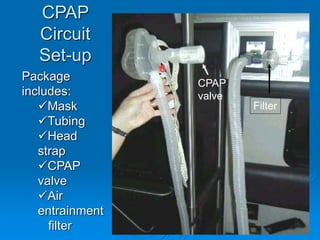 57
CPAP
Circuit
Set-up
Package
includes:
Mask
Tubing
Head
strap
CPAP
valve
Air
entrainment
filter
Filter
CPAP
valve
 