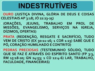 INDESTRUTÍVEIS
OURO (JUSTIÇA DIVINA, GLÓRIA DE DEUS E COISAS
CELESTIAIS AP 3:18; JÓ 22:23-25)
• (ORAÇÕES, JEJUNS, TRABALHO EM PROL DE
MISSÕES, EVANGELISMO, SERVIÇOS NA IGREJA,
DÍZIMOS, OFERTAS)
• PRATA (REDENÇÃO, RESGATE E SACRIFÍCIO, TUDO
VEM DE CRISTO (EX 30:11-16; 1 COR 1:23) SABE QUE É
PÓ, CORAÇÃO HUMILHADO E CONTRITO)
• PEDRAS PRECIOSAS (TESTEMUNHO SÓLIDO, TUDO
QUE SE FAZ É ATRAVÉS DO ESPÍRITO SANTO (FP 3:3,
RM 15:18-20; GN 24:53; 1 CO 12:4-6) LAR, TRABALHO,
FACULDADE, FINANCEIRAS)
 