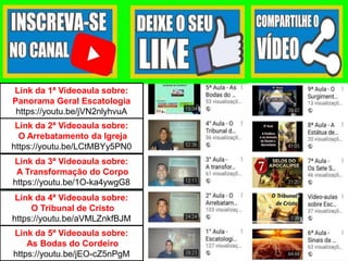 Link da 2ª Videoaula sobre:
O Arrebatamento da Igreja
https://youtu.be/LCtMBYy5PN0
Link da 3ª Videoaula sobre:
A Transformação do Corpo
https://youtu.be/1O-ka4ywgG8
Link da 4ª Videoaula sobre:
O Tribunal de Cristo
https://youtu.be/aVMLZnkfBJM
Link da 5ª Videoaula sobre:
As Bodas do Cordeiro
https://youtu.be/jEO-cZ5nPgM
Link da 1ª Videoaula sobre:
Panorama Geral Escatologia
https://youtu.be/jVN2nlyhvuA
 