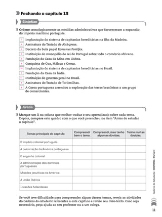 Ordene cronologicamente as medidas administrativas que favoreceram a expansão
do império marítimo português.
Sintetize
Fechando o capítulo 13
Implantação do sistema de capitanias hereditárias na Ilha da Madeira.
Assinatura do Tratado de Alcáçovas.
Decreto da bula papal Romanus Pontifex.
Instituição do monopólio do rei de Portugal sobre todo o comércio africano.
Fundação da Casa da Mina em Lisboa.
Conquista de Goa, Málaca e Omuz.
Implantação do sistema de capitanias hereditárias no Brasil.
Fundação da Casa da Índia.
Instituição do governo geral no Brasil.
Assinatura do Tratado de Tordesilhas.
A Coroa portuguesa arrendou a exploração das terras brasileiras a um grupo
de comerciantes.
Avalie
Marque um X na coluna que melhor traduz o seu aprendizado sobre cada tema.
Depois, compare este quadro com o que você preencheu no item “Antes de estudar
o capítulo”.
Temas principais do capítulo
Compreendi
bem o tema.
Compreendi, mas tenho
algumas dúvidas.
Tenho muitas
dúvidas.
O império colonial português
A colonização da América portuguesa
O engenho colonial
A administração dos domínios
portugueses
Missões jesuíticas na América
A União Ibérica
Invasões holandesas
Se você teve dificuldade para compreender algum desses temas, reveja as atividades
do Caderno do estudante referentes a este capítulo e revise seu livro-texto. Caso seja
necessário, peça ajuda ao seu professor ou a um colega.
11
CadernodoEstudante•históriA•Parteii
1
4
2
5
3
9
10
7
11
6
8
 