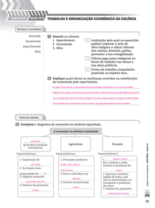 Capítulo 14
3 Complete o diagrama da economia na América espanhola.
Guia de estudo
Hacienda
Encomienda
Repartimiento
Mita
1 Associe as colunas.
1. Repartimiento.
2. Encomienda.
3. Mita.
termos e conceitos
Instituição pela qual os espanhóis
podiam explorar a mão de
obra indígena e cobrar tributos
dos nativos, devendo, porém,
promover a sua evangelização.
Tributo pago pelos indígenas na
forma de trabalho nas minas e
nas obras públicas.
Forma de trabalho compulsório
praticada no Império Inca.
2 Explique quais foram as mudanças ocorridas na substituição
da encomienda pelo repartimiento.
trAbAlho e orgAnizAção econômicA dA colôniAseção 14.3
A economia na América espanhola
(principal atividade
econômica)
1. Exploração de
2. As minas eram
propriedade do
3. Negócio acessível
4. Destino da produção:
Agricultura Pecuária
1. Principais produtos:
2. Eram cultivados nas
3. Destino da produção:
1. :
Peru, Bolívia e Chile,
visando à produção de
2. Equinos e bovinos:
região do Prata, com
uso na alimentação, no
transporte e produção
de couro.
3. Destino da produção:
Características Características Características
15
CadernodoEstudante•históriA•Parteii
2
1
3
No regime da encomienda, o colono recebia da Coroa autorização para explorar uma ou mais comunidades
indígenas. Com o tempo a Coroa decidiu assumir diretamente o controle sobre as populações indígenas, agrupando-
-as em corregimientos próximos às áreas de trabalho. Com essa mudança, alterou-se o regime de trabalho forçado
da encomienda para o repartimiento, que era um tributo a ser pago pelos indígenas na forma de trabalho.
Mineração
ouro e prata.
rei.
aos homens mais ricos.
Europa.
algodão, milho, tabaco e
haciendas.
Europa.
Alpacas e lhamas
tecidos.
mercado interno e Europa.
cana-de-açúcar.
 