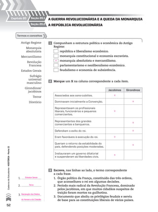 Jacobinos Girondinos
Associados aos sans-culottes.
Dominavam inicialmente a Convenção.
Representavam os profissionais
liberais, funcionários e pequenos
comerciantes.
Representantes dos grandes
comerciantes e banqueiros.
Defendiam o exílio do rei.
Eram favoráveis à execução do rei.
Queriam o retorno da estabilidade do
país, defendendo posições moderadas.
Instauraram um governo ditatorial
e suspenderam as liberdades civis.
Antigo Regime
Monarquia
absolutista
Mercantilismo
Revolução
Francesa
Estados Gerais
Sufrágio
universal
masculino
Girondinos/
jacobinos
Terror
Diretório
1 Compunham a estrutura política e econômica do Antigo
Regime:
república e liberalismo econômico.
monarquia constitucional e economia escravista.
monarquia absolutista e mercantilismo.
parlamentarismo e neoliberalismo econômico.
feudalismo e economia de subsistência.
2 Marque um X na coluna correspondente a cada item.
termos e conceitos
Capítulo 20 seção 20.1
seção 20.2 A repúblicA revolucionáriA
A guerrA revolucionáriA e A quedA dA monArquiA
3.
3 Escreva, nas linhas ao lado, o termo correspondente
a cada frase.
1. Órgão político da França, constituído das três ordens,
que aconselhava o rei em algumas decisões.
2. Período mais radical da Revolução Francesa, dominado
pelos jacobinos, em que muitos cidadãos suspeitos de
traição foram mortos na guilhotina.
3. Documento que aboliu os privilégios feudais e serviu
de base para as constituições liberais de vários países.
1.
2.
52
CadernodoEstudante•hIstóRIA•ParteII
X
X
X
X
X
X
X
X
X
Estados Gerais
Terror
Declaração dos Direitos
do Homem e do Cidadão
 