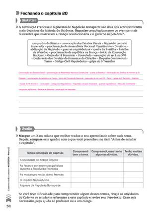 A Revolução Francesa e o governo de Napoleão Bonaparte são dois dos acontecimentos
mais decisivos da história do Ocidente. Organize cronologicamente os eventos mais
relevantes que marcaram a França revolucionária e o governo napoleônico.
Sintetize
Avalie
Marque um X na coluna que melhor traduz o seu aprendizado sobre cada tema.
Depois, compare este quadro com o que você preencheu no item “Antes de estudar
o capítulo”.
Se você teve dificuldade para compreender algum desses temas, reveja as atividades
do Caderno do estudante referentes a este capítulo e revise seu livro-texto. Caso seja
necessário, peça ajuda ao professor ou a um colega.
Fechando o capítulo 20
Temas principais do capítulo
Compreendi
bem o tema.
Compreendi, mas tenho
algumas dúvidas.
Tenho muitas
dúvidas.
A sociedade no Antigo Regime
As fases e as tendências políticas
durante a Revolução Francesa
As mudanças no cotidiano francês
O Império Napoleônico
A queda de Napoleão Bonaparte
campanha da Rússia – convocação dos Estados Gerais – Napoleão coroado
imperador – proclamação da Assembleia Nacional Constituinte – Diretório –
abdicação de Napoleão – guerras napoleônicas – queda da Bastilha – Batalha
de Waterloo – proclamação da república na França – início da Convenção
Nacional – Golpe do 18 Brumário – Consulado – execução do rei Luís XVI
– Declaração dos Direitos do Homem e do Cidadão – Bloqueio Continental –
Terror – Código Civil Napoleônico – golpe do 9 Termidor
58
CadernodoEstudante•hIstóRIA•ParteII
Convocação dos Estados Gerais – proclamação da Assembleia Nacional Constituinte – queda da Bastilha – Declaração dos Direitos do Homem e do
Cidadão – proclamação da república na França – início da Convenção Nacional – execução do rei Luís XVI – Terror – golpe do 9 Termidor – Diretório
– Golpe do 18 Brumário – Consulado – Código Civil Napoleônico – Napoleão coroado imperador – guerras napoleônicas – Bloqueio Continental –
campanha da Rússia – Batalha de Waterloo – abdicação de Napoleão.
 