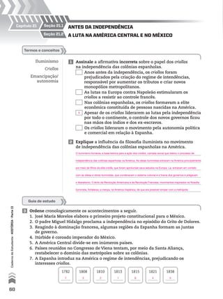 Capítulo 21 seção 21.1
seção 21.2 A lutA nA AméricA centrAl e no méxico
Antes dA independênciA
Iluminismo
Criollos
Emancipação/
autonomia
1 Assinale a afirmativa incorreta sobre o papel dos criollos
na independência das colônias espanholas.
Anos antes da independência, os criollos foram
prejudicados pela criação do regime de intendências,
responsável por aumentar os tributos e criar novos
monopólios metropolitanos.
As lutas na Europa contra Napoleão estimularam os
criollos a resistir ao controle francês.
Nas colônias espanholas, os criollos formavam a elite
econômica constituída de pessoas nascidas na América.
Apesar de os criollos liderarem as lutas pela independência
por todo o continente, o controle dos novos governos ficou
nas mãos dos índios e dos ex-escravos.
Os criollos lideraram o movimento pela autonomia política
e comercial em relação à Espanha.
2 Explique a influência da filosofia iluminista no movimento
de independência das colônias espanholas na América.
termos e conceitos
3 Ordene cronologicamente os acontecimentos a seguir.
1. José María Morelos elabora o primeiro projeto constitucional para o México.
2. O padre Miguel Hidalgo proclama a independência no episódio do Grito de Dolores.
3. Reagindo à dominação francesa, algumas regiões da Espanha formam as juntas
de governo.
4. Itúrbide é coroado imperador do México.
5. A América Central divide-se em inúmeros países.
6. Países reunidos no Congresso de Viena tentam, por meio da Santa Aliança,
restabelecer o domínio das metrópoles sobre as colônias.
7. A Espanha introduz na América o regime de intendências, prejudicando os
interesses criollos.
1782 1808 1810 1813 1815 1821 1838
Guia de estudo
60
CadernodoEstudante•históriA•Parteii
X
O iluminismo forneceu a base teórica para a ação dos criollos, camada social que liderou o processo de
independência das colônias espanholas na América. As ideias iluministas entraram na América principalmente
por meio de filhos da elite criolla, que foram aprofundar seus estudos na Europa. Lá, entraram em contato
com as ideias e obras iluministas, que condenavam o sistema colonial e a tirania dos governos e pregavam
o liberalismo. O êxito da Revolução Americana e da Revolução Francesa, movimentos inspirados na filosofia
iluminista, fortaleceu a crença, na América hispânica, de que era possível romper com a metrópole.
7 3 2 1 6 4 5
 