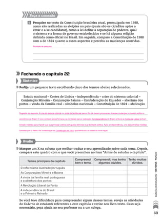 Redija um pequeno texto escolhendo cinco dos termos abaixo selecionados.
Sintetize
Avalie
Marque um X na coluna que melhor traduz o seu aprendizado sobre cada tema. Depois,
compare este quadro com o que você preencheu no item “Antes de estudar o capítulo”.
Se você teve dificuldade para compreender algum desses temas, reveja as atividades
do Caderno de estudante referentes a este capítulo e revise seu livro-texto. Caso seja
necessário, peça ajuda ao seu professor ou a um colega.
fechando o capítulo 22
Temas principais do capítulo
Compreendi
bem o tema.
Compreendi, mas tenho
algumas dúvidas.
Tenho muitas
dúvidas.
O reformismo ilustrado português
As Conjurações Mineira e Baiana
A vinda da família real portuguesa
e a abertura dos portos
A Revolução Liberal do Porto
A independência do Brasil
e o Primeiro Reinado
Estado nacional – Cortes de Lisboa – independência – crise do sistema colonial –
Conjuração Mineira – Conjuração Baiana – Confederação do Equador – abertura dos
portos – vinda da família real – símbolos nacionais – Constituição de 1824 – abdicação
Faça a conexão
5 Pesquise no texto da Constituição brasileira atual, promulgada em 1988,
como são realizadas as eleições no país (quais são os cidadãos aptos a
votar e a se candidatar), como a lei define a separação de poderes, qual
o sistema e a forma de governo estabelecidos e se há alguma religião
definida como oficial no Brasil. Em seguida, compare a Constituição de 1988
com a de 1824 quanto a esses aspectos e perceba as mudanças ocorridas.
69
CadernodoEstudante•históRiA•Parteii
Sugestão de resposta. A crise do sistema colonial e a vinda da família real para o Rio de Janeiro provocaram diversas mudanças no quadro político e
econômico do Brasil. O novo contexto social forneceu as condições para a realização da independência do Brasil, embora as Cortes de Lisboa tenham
tomado medidas para impedir que sua principal colônia portuguesa obtivesse sua liberdade política. Após a independência, uma das primeiras medidas
tomadas por d. Pedro I foi a elaboração da Constituição de 1824, que estruturou as bases da nova nação.
Atividade de pesquisa.
 