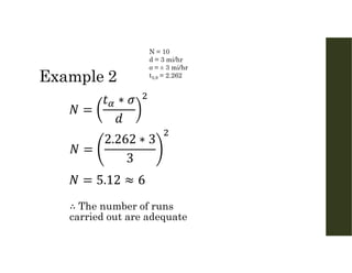 Example 2
N = 10
d = 3 mi/hr
σ = ± 3 mi/hr
t5,9 = 2.262
The number of runs
carried out are adequate
 