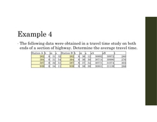 Example 4
• The following data were obtained in a travel time study on both
ends of a section of highway. Determine the average travel time.
t
sB
sA
s
m
h
Station B
s
m
h
Station A
280
30972
30692
12
36
8
262
32
31
8
262
276
30990
30714
30
36
8
394
54
31
8
394
303
31074
30771
54
37
8
587
51
32
8
587
288
31139
30851
59
38
8
939
11
34
8
939
 