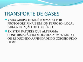 TRANSPORTE DE GASES
CADA GRUPO HEME É FORMADO POR
PROTOPORFIRINA E UM ÍON FERROSO- LOCAL
PARA A LIGAÇÃO DO OXIGÊNIO
EXISTEM FATORES QUE ALTERAMA
CONFORMAÇÃO DA MOÉCULA,AUMENTANDO
OU REDUZINDO AAFINIDADE DO OXIGÊIO PELO
HEME
 