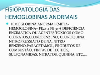 FISIOPATOLOGIA DAS
HEMOGLOBINAS ANORMAIS
HEMOGLOBINA ANORMAL (META-
HEMOGLOBINA– FE2+ a FE 3+-( DEFICIÊNCIA
ENZIMÁTICA OU AGENTES TÓXICOS COMO
CLORATOS,CLOROBENZENO, CLOROQUINA,
NITROPRUSSIATO DE NA, NITRO
BENZENO,PARACETAMOL, PRODUTOS DE
COMBUSTÃO, TINTAS DE TECIDOS,
SULFONAMIDAS, NITRATOS, QUININA, ETC....
 