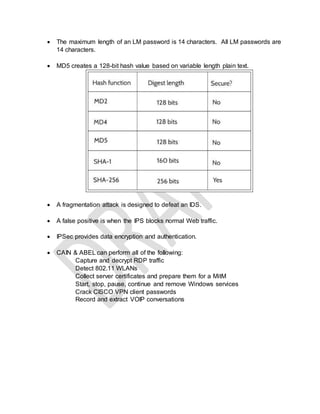  The maximum length of an LM password is 14 characters. All LM passwords are
14 characters.
 MD5 creates a 128-bit hash value based on variable length plain text.
 A fragmentation attack is designed to defeat an IDS.
 A false positive is when the IPS blocks normal Web traffic.
 IPSec provides data encryption and authentication.
 CAIN & ABEL can perform all of the following:
Capture and decrypt RDP traffic
Detect 802.11 WLANs
Collect server certificates and prepare them for a MitM
Start, stop, pause, continue and remove Windows services
Crack CISCO VPN client passwords
Record and extract VOIP conversations
 