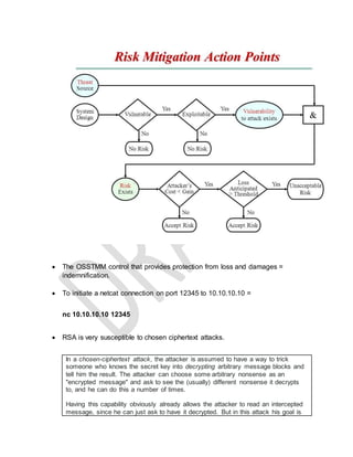  The OSSTMM control that provides protection from loss and damages =
indemnification.
 To initiate a netcat connection on port 12345 to 10.10.10.10 =
nc 10.10.10.10 12345
 RSA is very susceptible to chosen ciphertext attacks.
In a chosen-ciphertext attack, the attacker is assumed to have a way to trick
someone who knows the secret key into decrypting arbitrary message blocks and
tell him the result. The attacker can choose some arbitrary nonsense as an
"encrypted message" and ask to see the (usually) different nonsense it decrypts
to, and he can do this a number of times.
Having this capability obviously already allows the attacker to read an intercepted
message, since he can just ask to have it decrypted. But in this attack his goal is
 