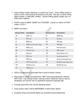  Active sniffing involves attaching to a switch (not a hub). Active sniffing attacks a
switch so that it will broadcast all packets out all ports. One type of active sniffing
attack involves a CAM buffer overflow. Passive sniffing attacks usually occur on
HUB centric networks.
 PCAP is used by NMAP, SNORT and TCPDUMP. Libcap is a version of PCAP
written in C/C++.
 NMAP commands
 XSS is a programming code attack that is used to harvest cookies.
 What phase is a fuzzy test performed? MSFT Security Development Lifecycle.
MSFT SDL. Fuzz testing involves entering random malformed data as input so
developers can discover how an application responds to garbage data.
 Anomaly based IDS is the best for detecting threats.
 Proxy servers make it almost IMPOSSIBLE to block future attacks.
 Dumpster diving and phishing attacks are considered social engineering.
 