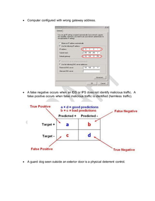  Computer configured with wrong gateway address.
 A false negative occurs when an IDS or IPS does not identify malicious traffic. A
false positive occurs when false malicious traffic is identified (harmless traffic).
 A guard dog seen outside an exterior door is a physical deterrent control.
 