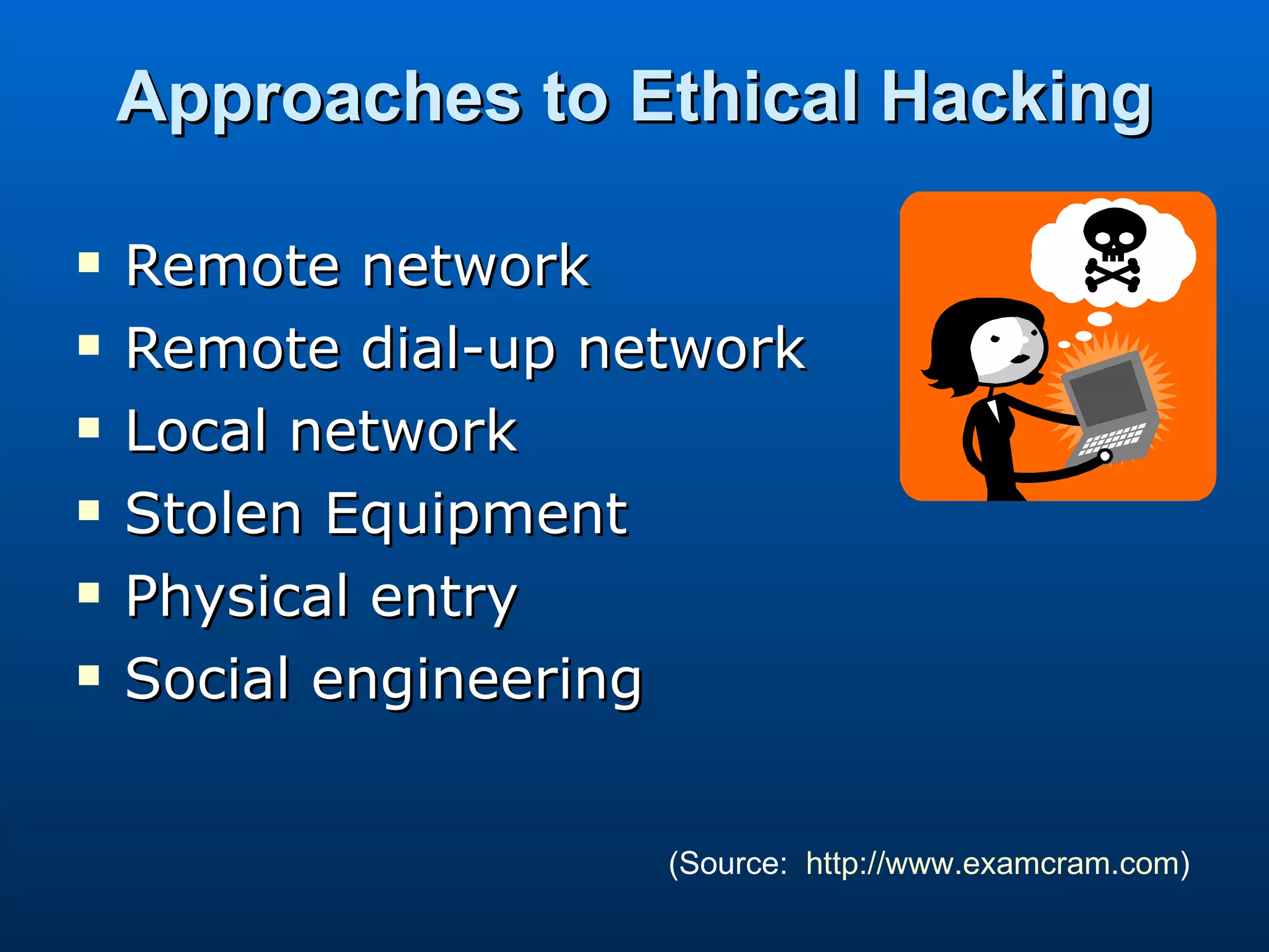 Approaches to Ethical Hacking Remote network Remote dial-up network Local network Stolen Equipment Physical entry Social engineering  (Source:  http://www.examcram.com ) 