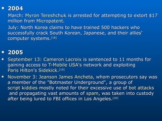 2004 March:  Myron Tereshchuk  is arrested for attempting to extort $17 million from  Micropatent . July: North Korea claims to have trained 500 hackers who successfully crack South Korean, Japanese, and their allies' computer systems. [18] 2005  September 13 :  Cameron Lacroix  is sentenced to 11 months for gaining access to  T-Mobile USA's  network and exploiting  Paris Hilton's   Sidekick . [19]   November 3 :  Jeanson James Ancheta , whom prosecutors say was a member of the &quot;Botmaster Underground&quot;, a group of  script kiddies  mostly noted for their excessive use of  bot attacks  and propagating vast amounts of  spam , was taken into custody after being lured to FBI offices in Los Angeles. [20] 