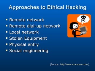 Approaches to Ethical Hacking Remote network Remote dial-up network Local network Stolen Equipment Physical entry Social engineering  (Source:  http://www.examcram.com ) 