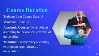 Course Duration
Training Boot Camps Days: 5
Minimum Hours: 40
Academic Courses Days: Adapts
according to the academic format of
universities
Minimum Hours: Vary according
to program requirements of
universities
11
 