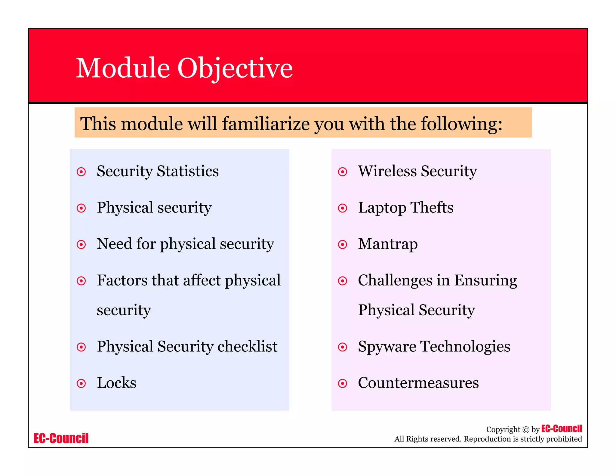 EC-Council
Copyright © by EC-Council
All Rights reserved. Reproduction is strictly prohibited
Module Objective
Security Statistics
Physical security
Need for physical security
Factors that affect physical
security
Physical Security checklist
Locks
Wireless Security
Laptop Thefts
Mantrap
Challenges in Ensuring
Physical Security
Spyware Technologies
Countermeasures
This module will familiarize you with the following:
 