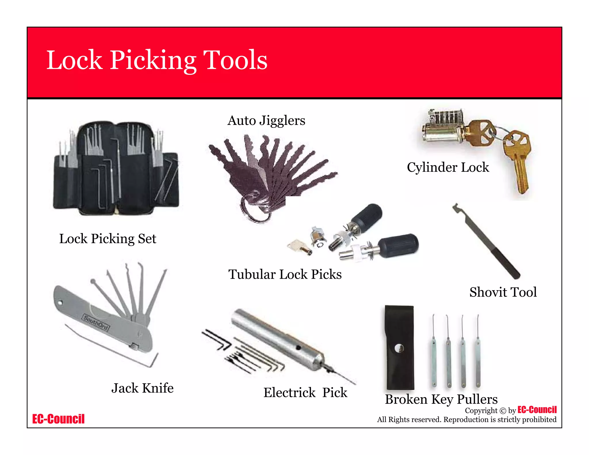 EC-Council
Copyright © by EC-Council
All Rights reserved. Reproduction is strictly prohibited
Lock Picking Tools
Lock Picking Set
Cylinder Lock
Shovit Tool
Broken Key Pullers
Electrick Pick
Auto Jigglers
Jack Knife
Tubular Lock Picks
 