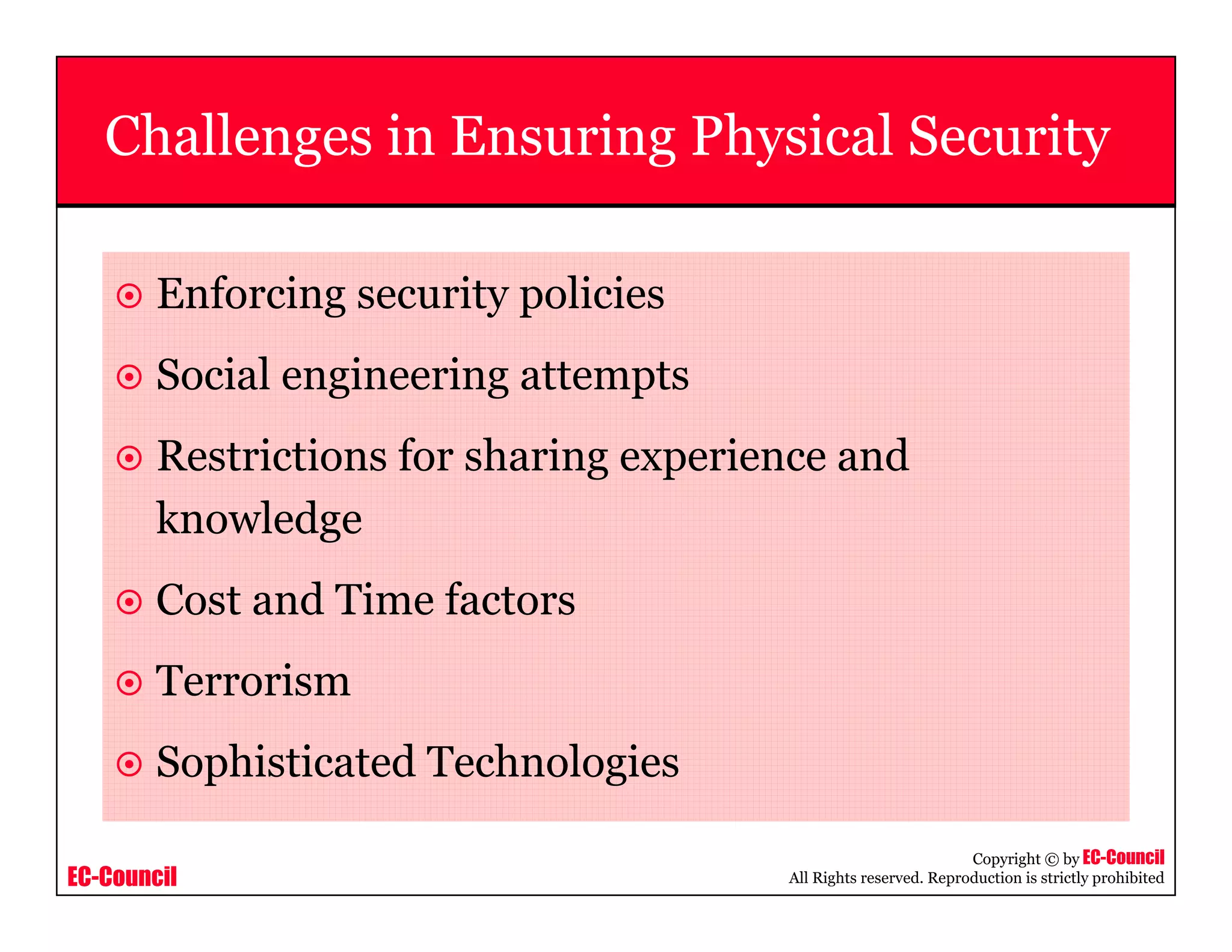 EC-Council
Copyright © by EC-Council
All Rights reserved. Reproduction is strictly prohibited
Enforcing security policies
Social engineering attempts
Restrictions for sharing experience and
knowledge
Cost and Time factors
Terrorism
Sophisticated Technologies
Challenges in Ensuring Physical Security
 