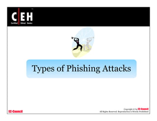 Types of Phishing Attacks



                                                         Copyright © by EC-Council
EC-Council                    All Rights Reserved. Reproduction is Strictly Prohibited
 