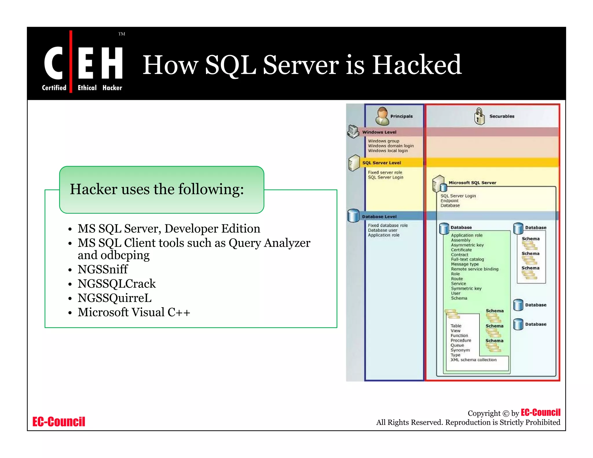 How SQL Server is Hacked



       Hacker uses the following:

      • MS SQL Server, Developer Edition
      • MS SQL Client tools such as Query Analyzer
        and odbcping
      • NGSSniff
      • NGSSQLCrack
      • NGSSQuirreL
      • Microsoft Visual C++




                                                                                Copyright © by EC-Council
EC-Council                                           All Rights Reserved. Reproduction is Strictly Prohibited
 