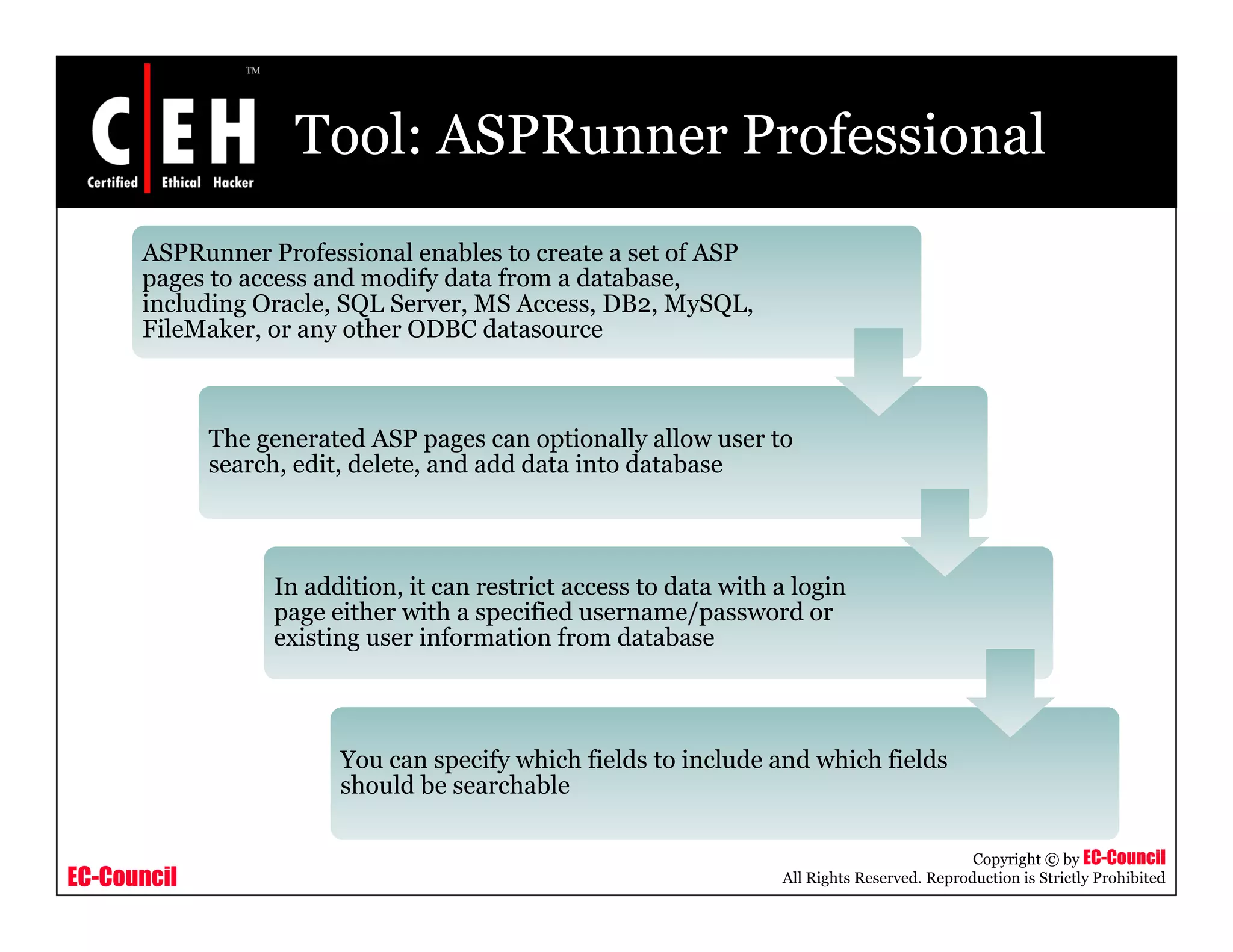 Tool: ASPRunner Professional
      ASPRunner Professional enables to create a set of ASP
      pages to access and modify data from a database,
      including Oracle,
      i l di O l SQL S      Server, MS AAccess, DB M SQL
                                                DB2, MySQL,
      FileMaker, or any other ODBC datasource



             The generated ASP pages can optionally allow user to
             search, edit, delete, and add data into database



                  In addition, it can restrict access to data with a login
                  page either with a specified username/password or
                  existing user information from database



                        You can specify which fields to include and which fields
                        should b searchable
                         h ld be       h bl

                                                                                              Copyright © by EC-Council
EC-Council                                                         All Rights Reserved. Reproduction is Strictly Prohibited
 